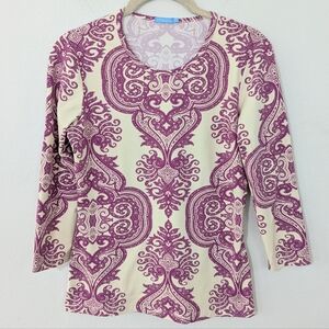 J. Mclaughlin Catalina Cloth 3/4 Sleeve Top Crewneck Paisley Beige Purple XS